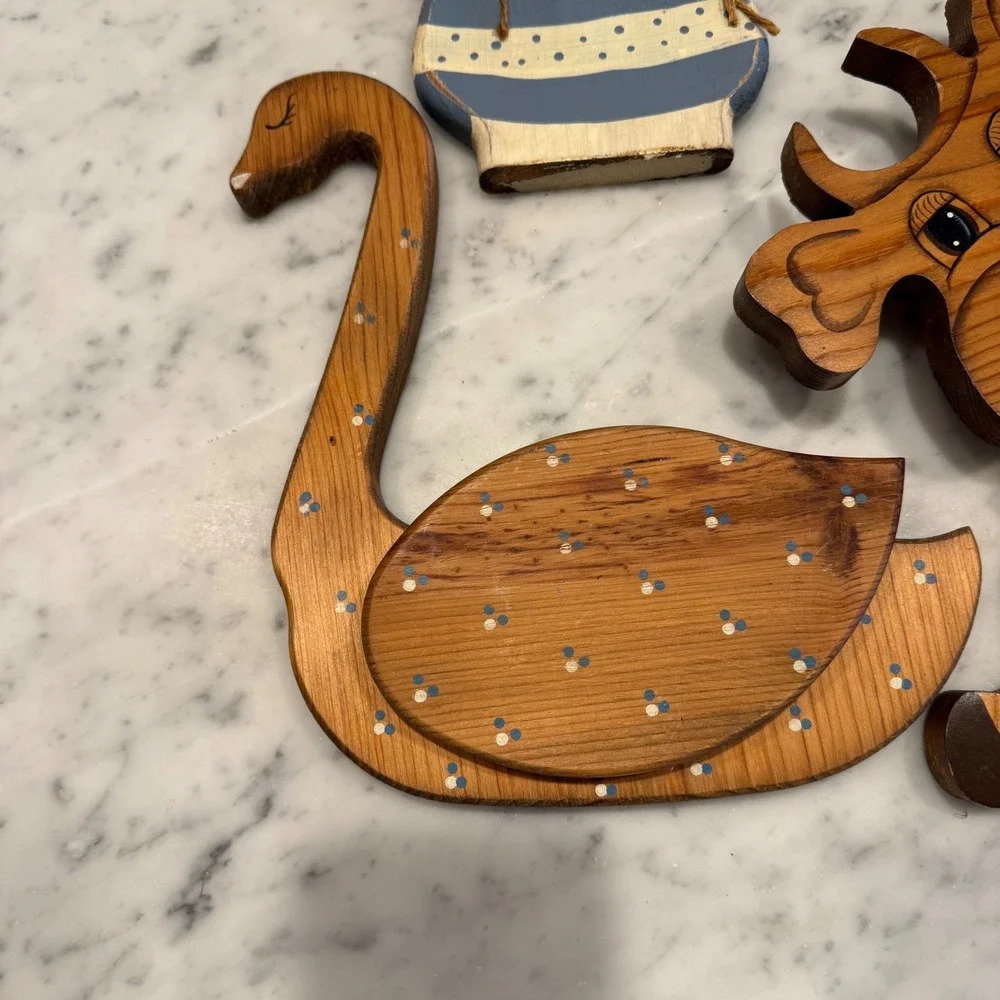 Vintage Farmhouse Wood Wall Decor Set 4pc Cow Swan Rabbits Hand Painted Folk Art